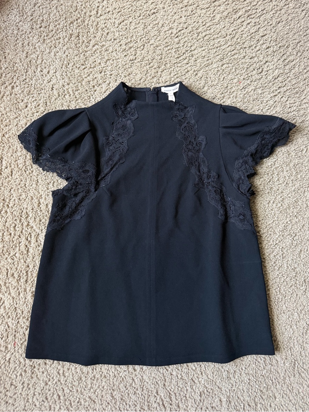 Rebecca Taylor Black Lace-Detail Flutter Sleeve Top